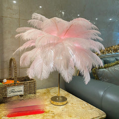 Lampe de nuit en plumes d'autruche naturelles avec chargement USB pour chambre de fille, ambiance cosy et vraies plumes