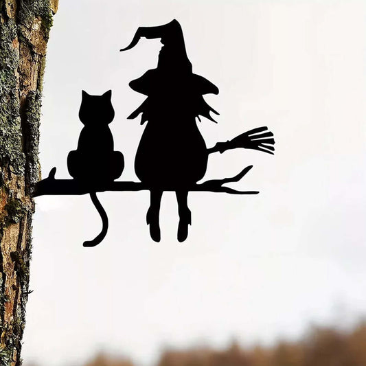 Metal Silhouette Cute Witch And Cat Garden Stump Yard Decoration