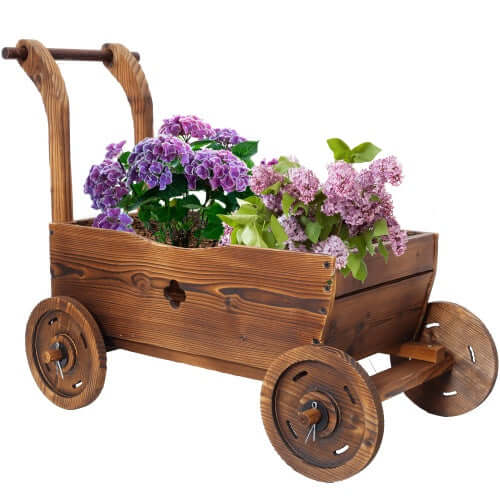 Jardinière en bois pour chariot, jardinière mobile avec 4 roues, poignée, trou de drainage, jardinière décorative pour décoration intérieure et extérieure, chariot à fleurs en bois pour terrasse, jardin, balcon, marron