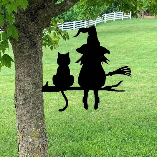 Metal Silhouette Cute Witch And Cat Garden Stump Yard Decoration