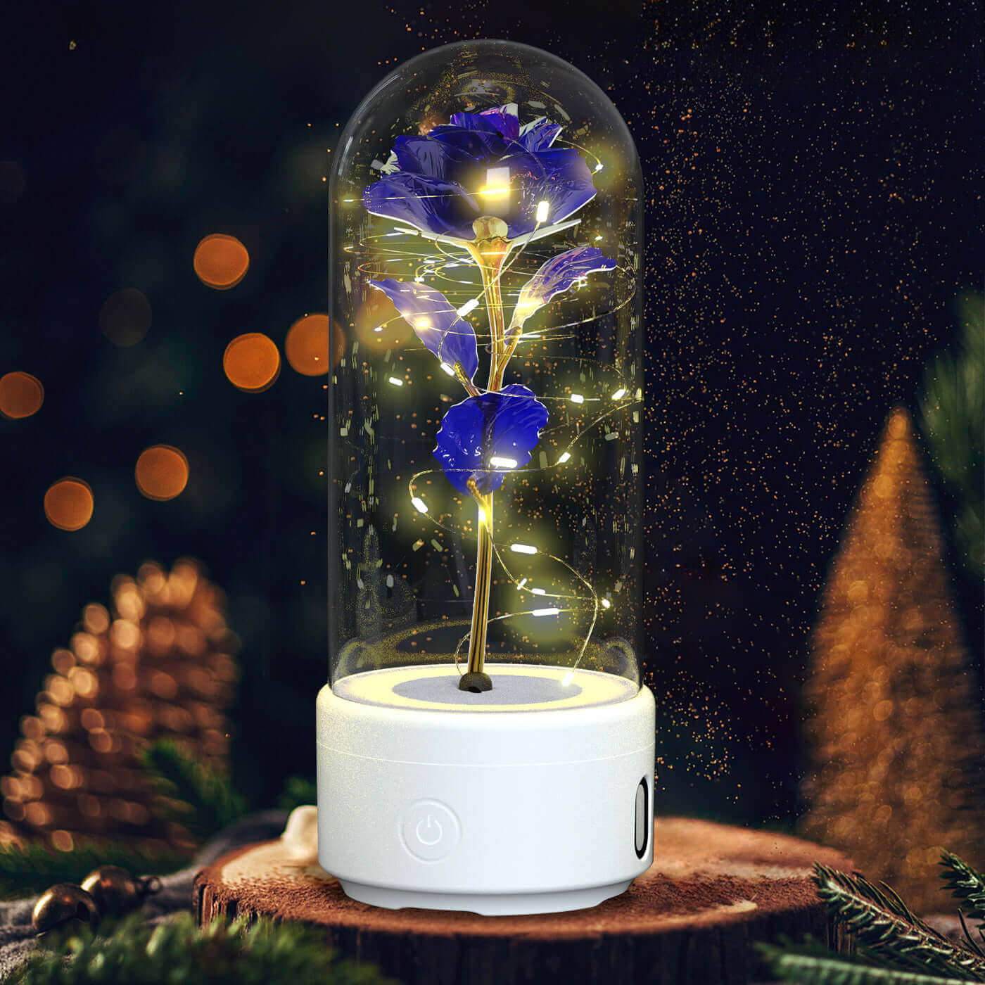 Kreative 2-in-1-Rosenblüten, LED-Licht und Bluetooth-Lautsprecher, Valentinstagsgeschenk, leuchtende Rose, Nachtlicht-Ornament in Glasabdeckung