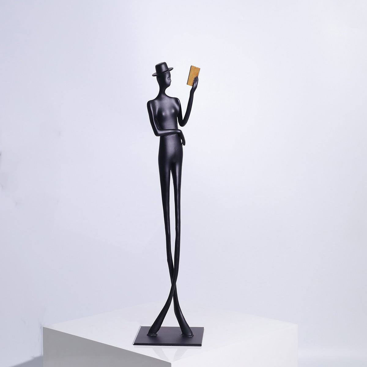 Metal Black Cast Aluminum Elegant Reading Woman Desktop Sculpture