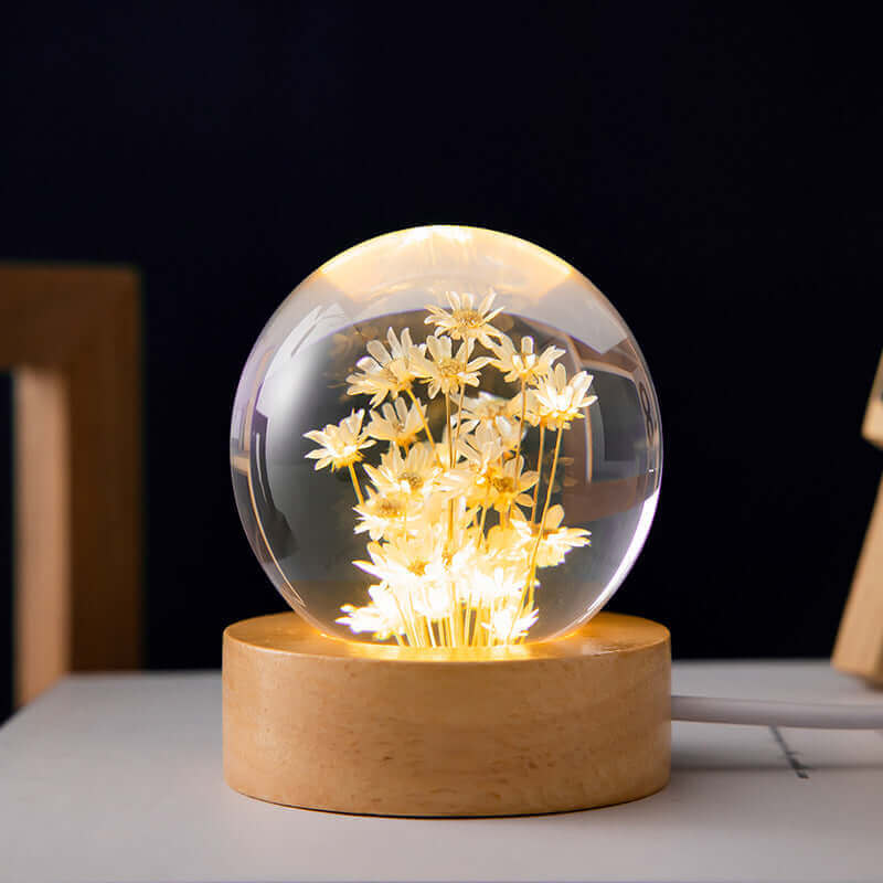 LED veilleuse fleur boule de cristal enfants lampe de nuit avec Base en bois chambre lumière ambiante cadeau créatif veilleuse