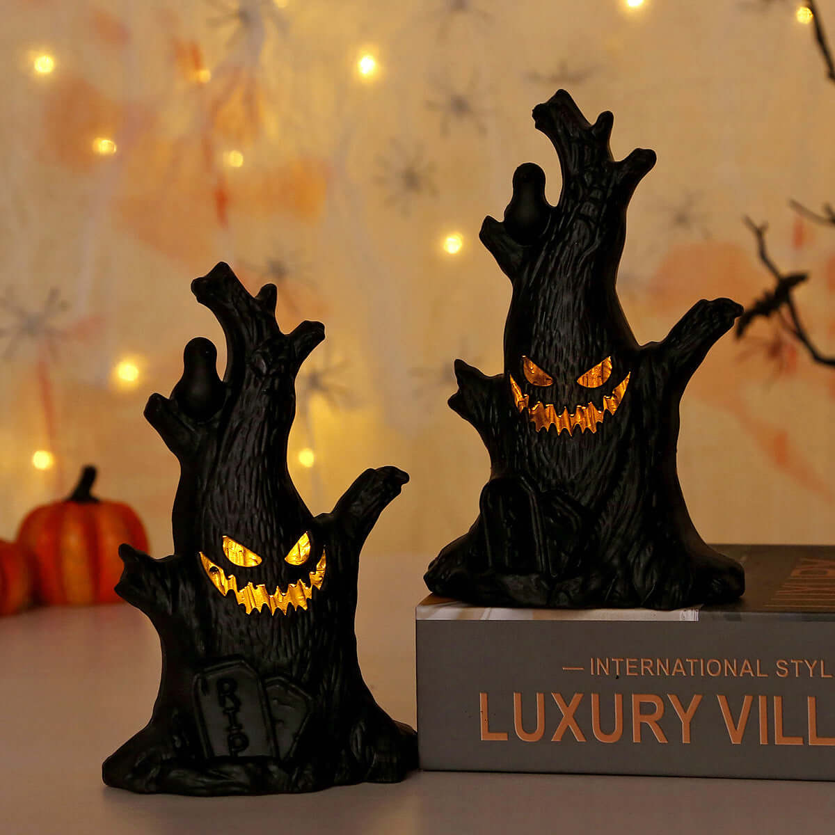 Halloween Pumpkin Lamp with Ghost Stump Decoration for Spooky Ambiance