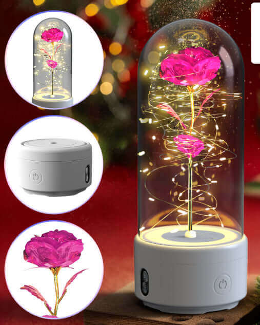 Kreative 2-in-1-Rosenblüten, LED-Licht und Bluetooth-Lautsprecher, Valentinstagsgeschenk, leuchtende Rose, Nachtlicht-Ornament in Glasabdeckung