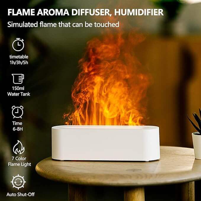 Diffuseurs d'huiles essentielles à flamme, diffuseur d'aromathérapie à 7 lumières colorées, diffuseur d'huile, humidificateur d'air, diffuseurs d'arômes pour la maison, la chambre, le bureau, le yoga, minuterie et arrêt automatique sans eau 150 ml