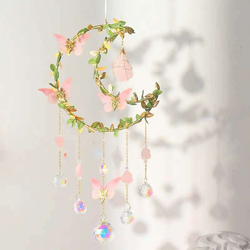 Attrape-soleil feuille enroulée fleur papillon feuilles lune pendentif en cristal naturel