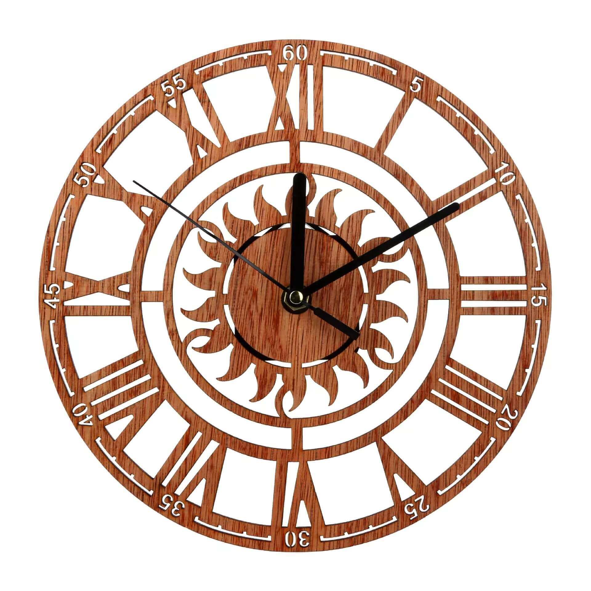 Horloge murale d'arbre en bois créative numérique romaine ronde soleil