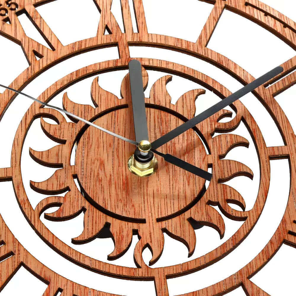 Horloge murale d'arbre en bois créative numérique romaine ronde soleil