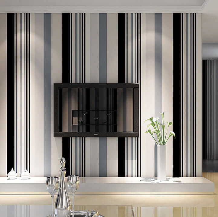 Striped Non-Woven Wallpaper - Multilayered Design in Black, White, and Color Stripes