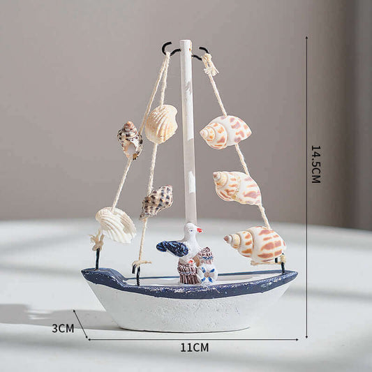 Mediterranean Style Shell Crack Boat Decoration Wooden Sailboat Model Small Ornaments Craft Boat