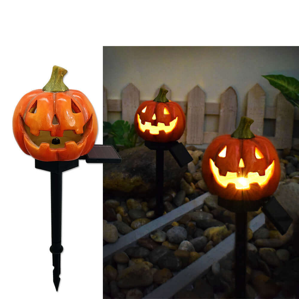 Solarbetriebene Halloween-Kürbislampe für den Außenbereich mit Geisterhand, Krähenschädel und Blumendesign