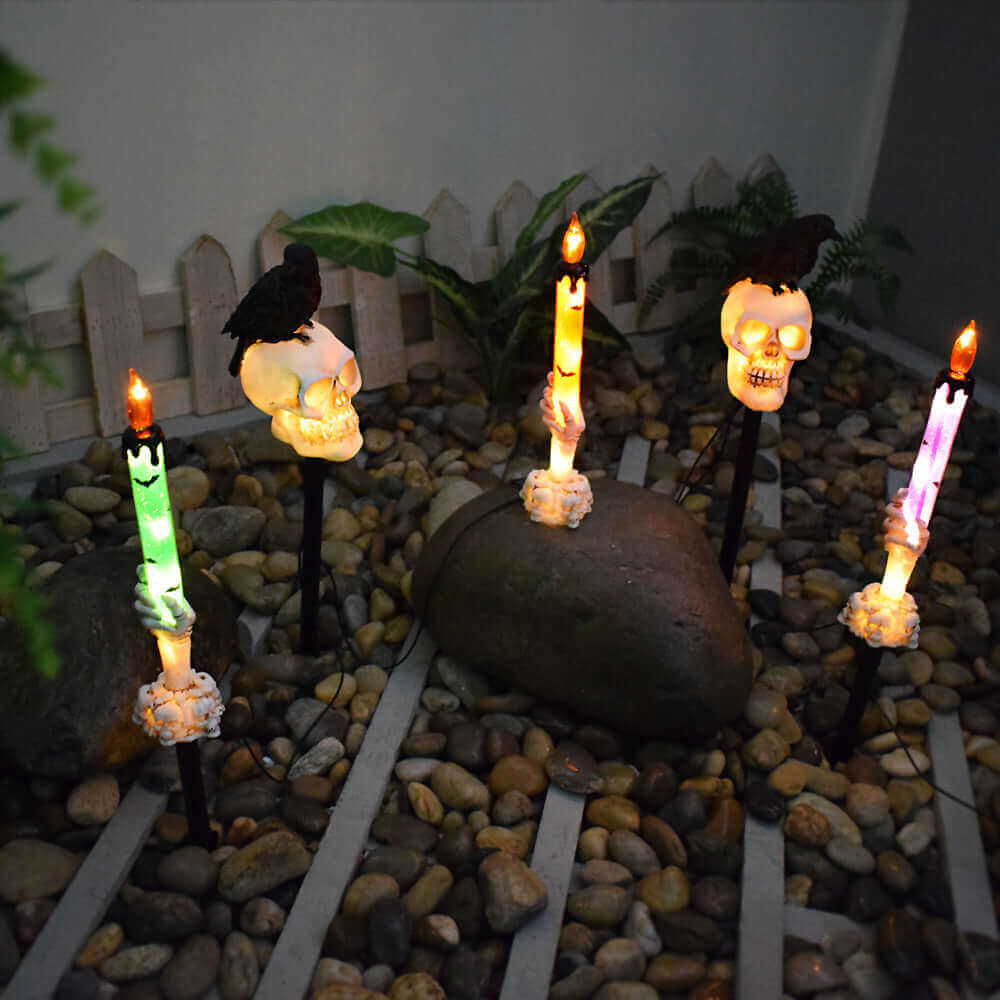 Solar Outdoor Courtyard Halloween Pumpkin Lamp with Ghost Hand, Crow Skull, and Flower Design