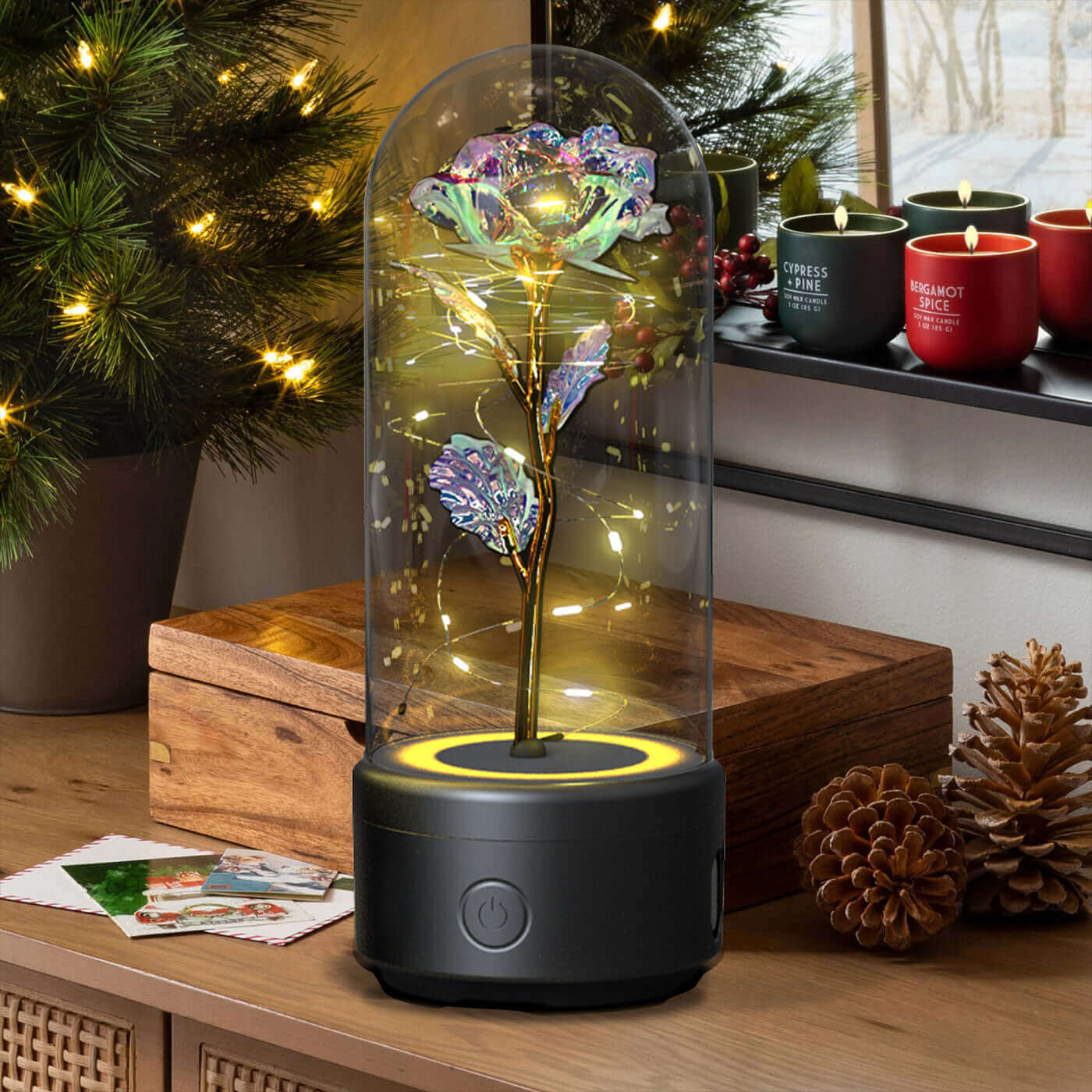 Kreative 2-in-1-Rosenblüten, LED-Licht und Bluetooth-Lautsprecher, Valentinstagsgeschenk, leuchtende Rose, Nachtlicht-Ornament in Glasabdeckung