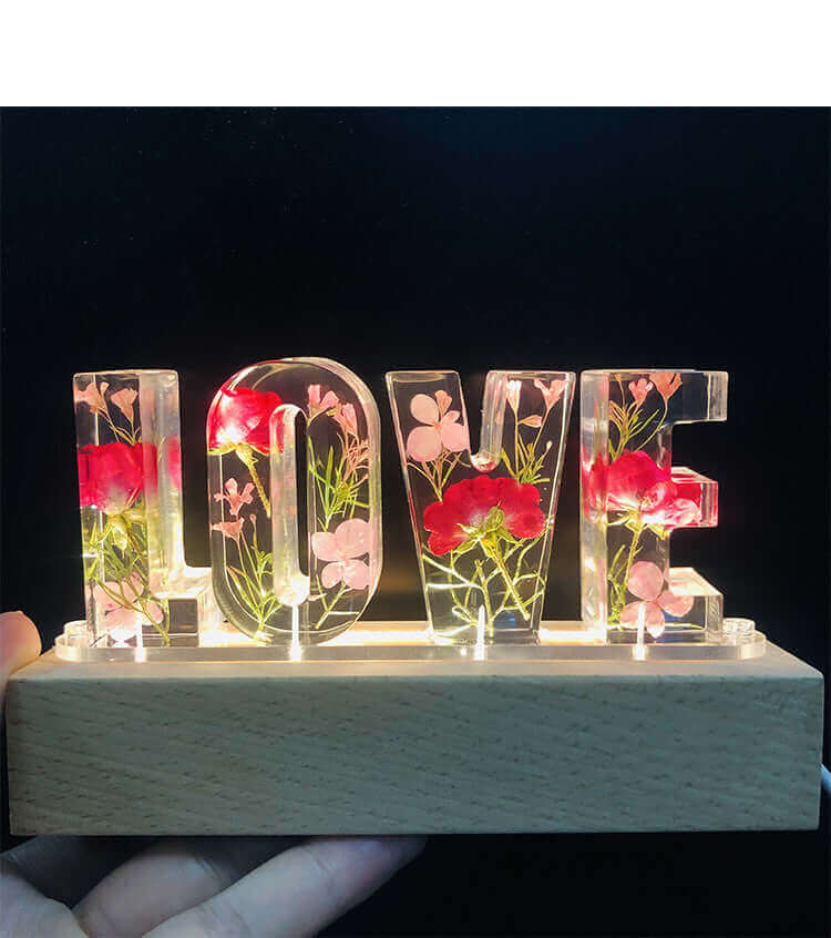 Lampe de table créative à fleurs séchées, veilleuse avec lettres d'amour