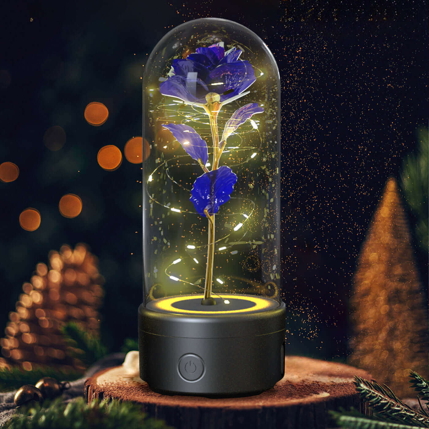 Kreative 2-in-1-Rosenblüten, LED-Licht und Bluetooth-Lautsprecher, Valentinstagsgeschenk, leuchtende Rose, Nachtlicht-Ornament in Glasabdeckung