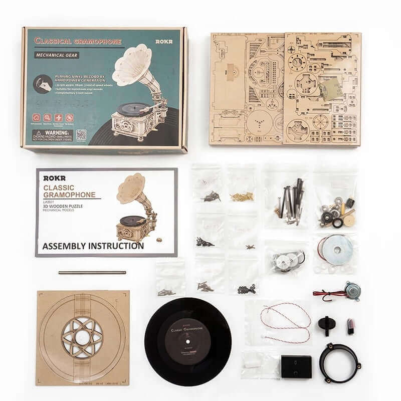 Robotime ROKR bricolage manivelle classique Gramophone en bois Puzzle modèle Kits de construction assemblage jouet cadeau pour enfants LKB01