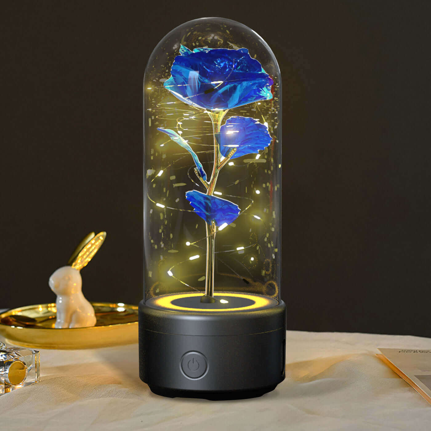 Kreative 2-in-1-Rosenblüten, LED-Licht und Bluetooth-Lautsprecher, Valentinstagsgeschenk, leuchtende Rose, Nachtlicht-Ornament in Glasabdeckung