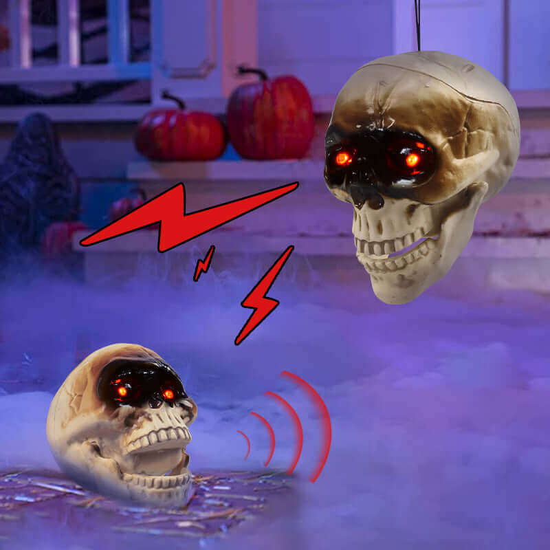 Animierte schwebende Skelett-Dekorationen, realistische Halloween-Totenkopfköpfe, Halloween-Dekorationen, gruseliger Sound, gruselige Dekoration