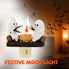 Ghost Campfire Flickering Nightlight 2 Ghosts Roasting Plug Wall Spooky Fire Marshmallow Night Light For Halloween Decor