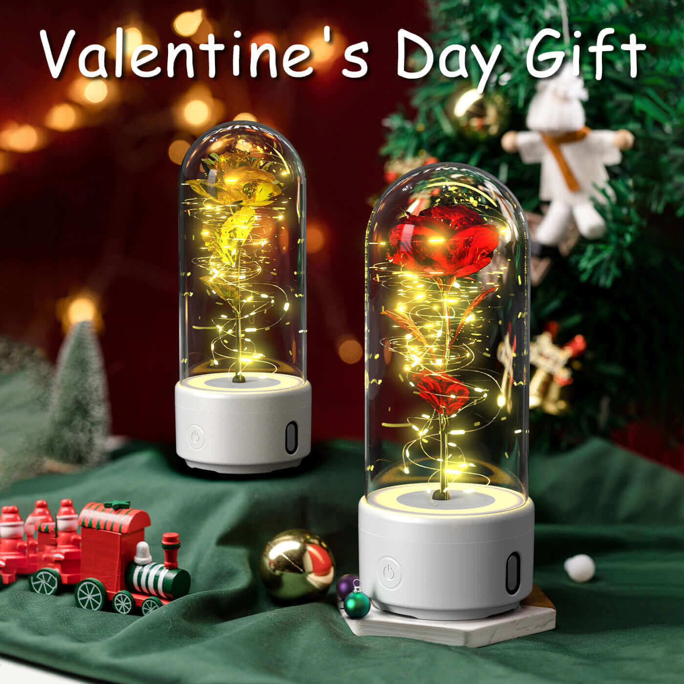 Kreative 2-in-1-Rosenblüten, LED-Licht und Bluetooth-Lautsprecher, Valentinstagsgeschenk, leuchtende Rose, Nachtlicht-Ornament in Glasabdeckung