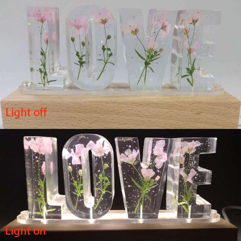 Lampe de table créative à fleurs séchées, veilleuse avec lettres d'amour