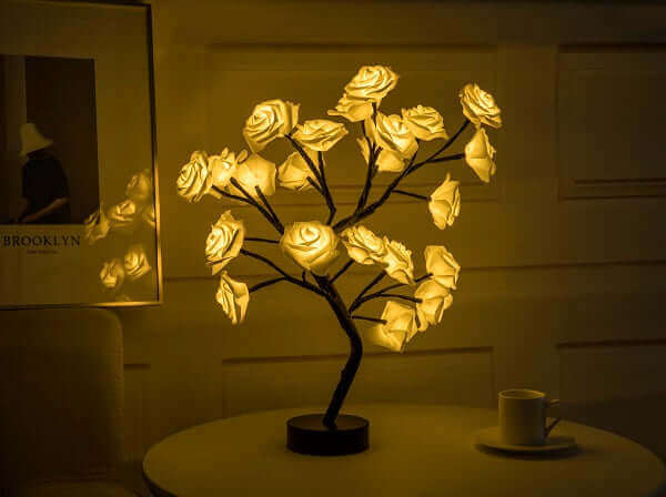 Lampe LED à piles USB en forme de fleur de Rose, luminaire décoratif d'intérieur, idéal pour une Table, un bonsaï, une chambre à coucher ou une chambre à coucher