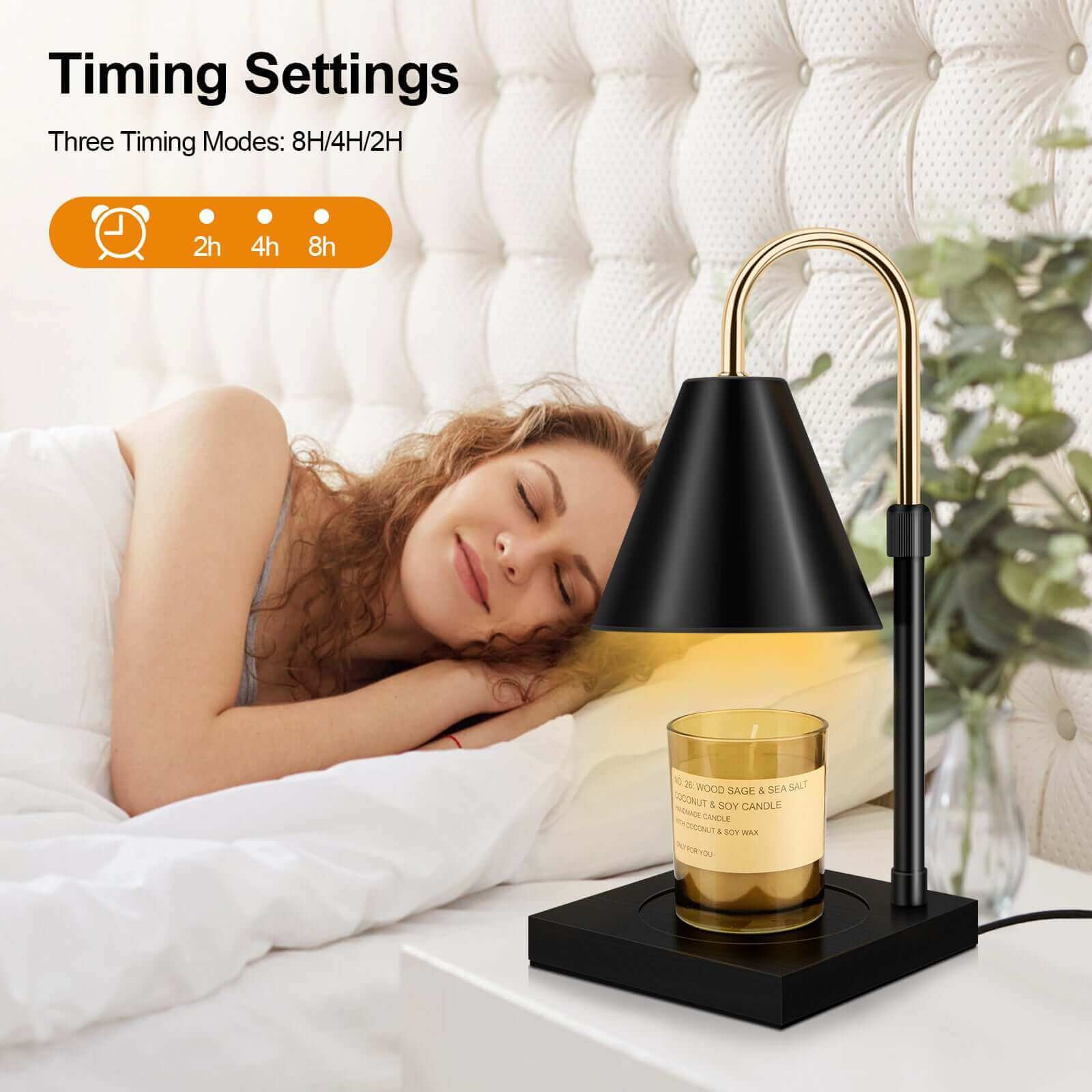 Chauffe-bougie, lampe chauffe-bougie avec minuterie, réglable en hauteur et réglable en hauteur, compatible avec les bougies en pot pour la décoration intérieure, chauffe-cire électrique, base en bois noir