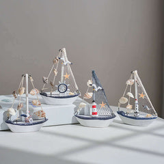 Mediterranean Style Shell Crack Boat Decoration Wooden Sailboat Model Small Ornaments Craft Boat