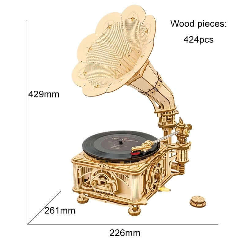 Robotime ROKR DIY Handkurbel Klassisches Grammophon Holzpuzzle Modellbausätze Montage Spielzeug Geschenk für Kinder LKB01