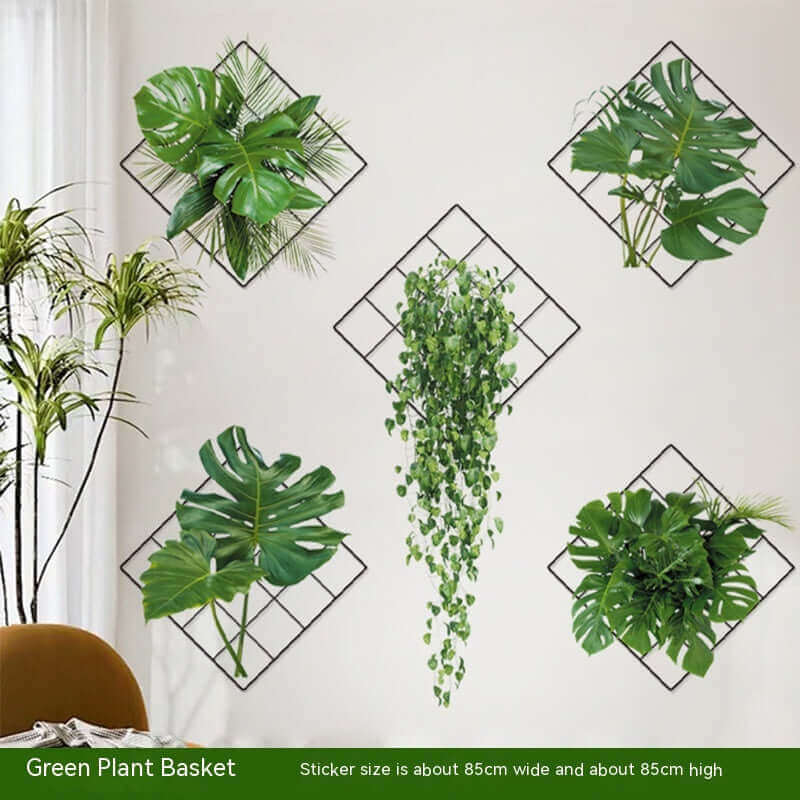 Panier suspendu de plantes vertes, papier peint de maison, peinture décorative