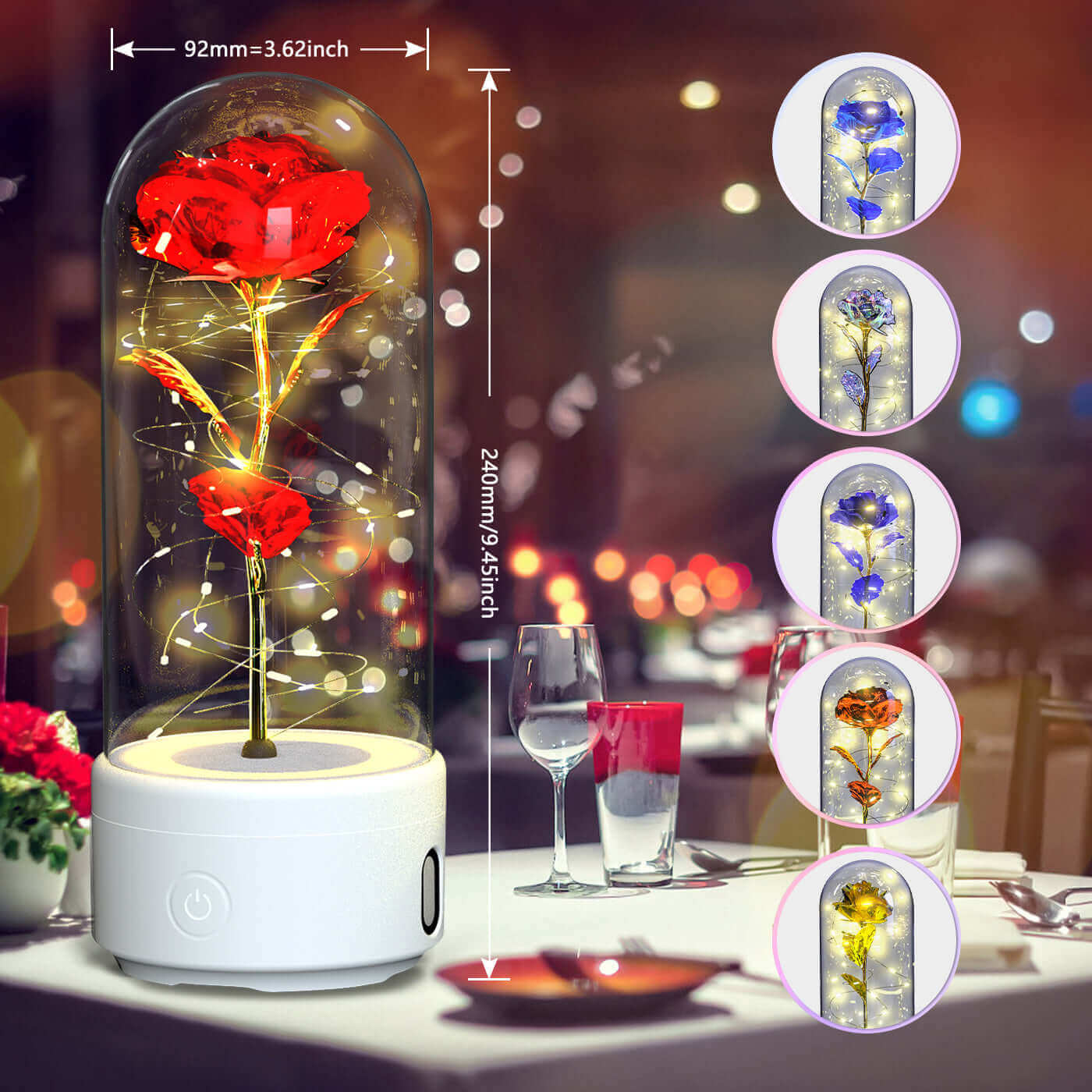 Kreative 2-in-1-Rosenblüten, LED-Licht und Bluetooth-Lautsprecher, Valentinstagsgeschenk, leuchtende Rose, Nachtlicht-Ornament in Glasabdeckung