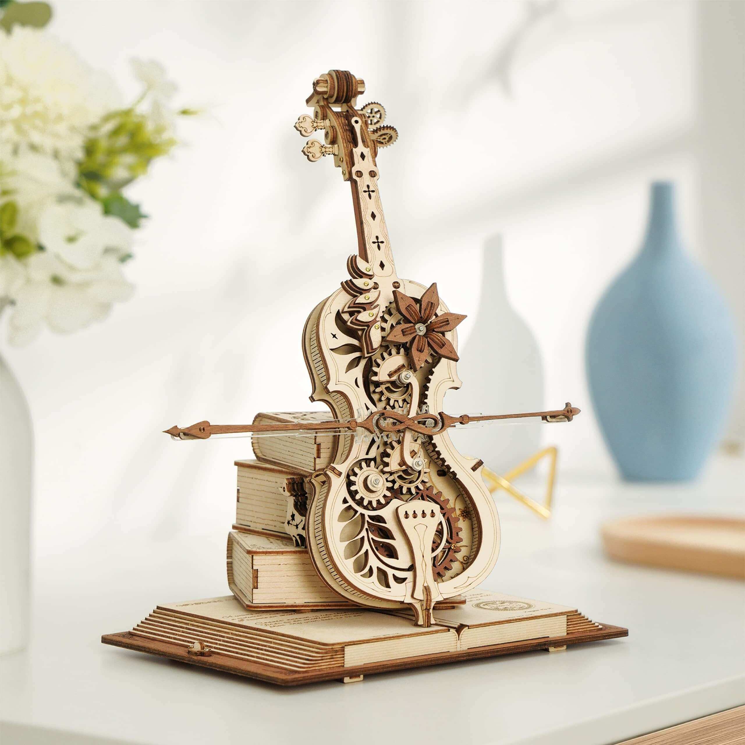 Robotime ROKR – boîte à musique mécanique pour violoncelle magique, tige mobile, jouets créatifs amusants pour enfants filles, Puzzle 3D en bois AMK63