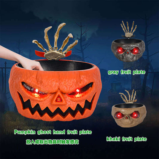 Motion Activated Halloween Pumpkin Candy Bowl - Battery Operated Trick-or-Treat Party Serving Dish