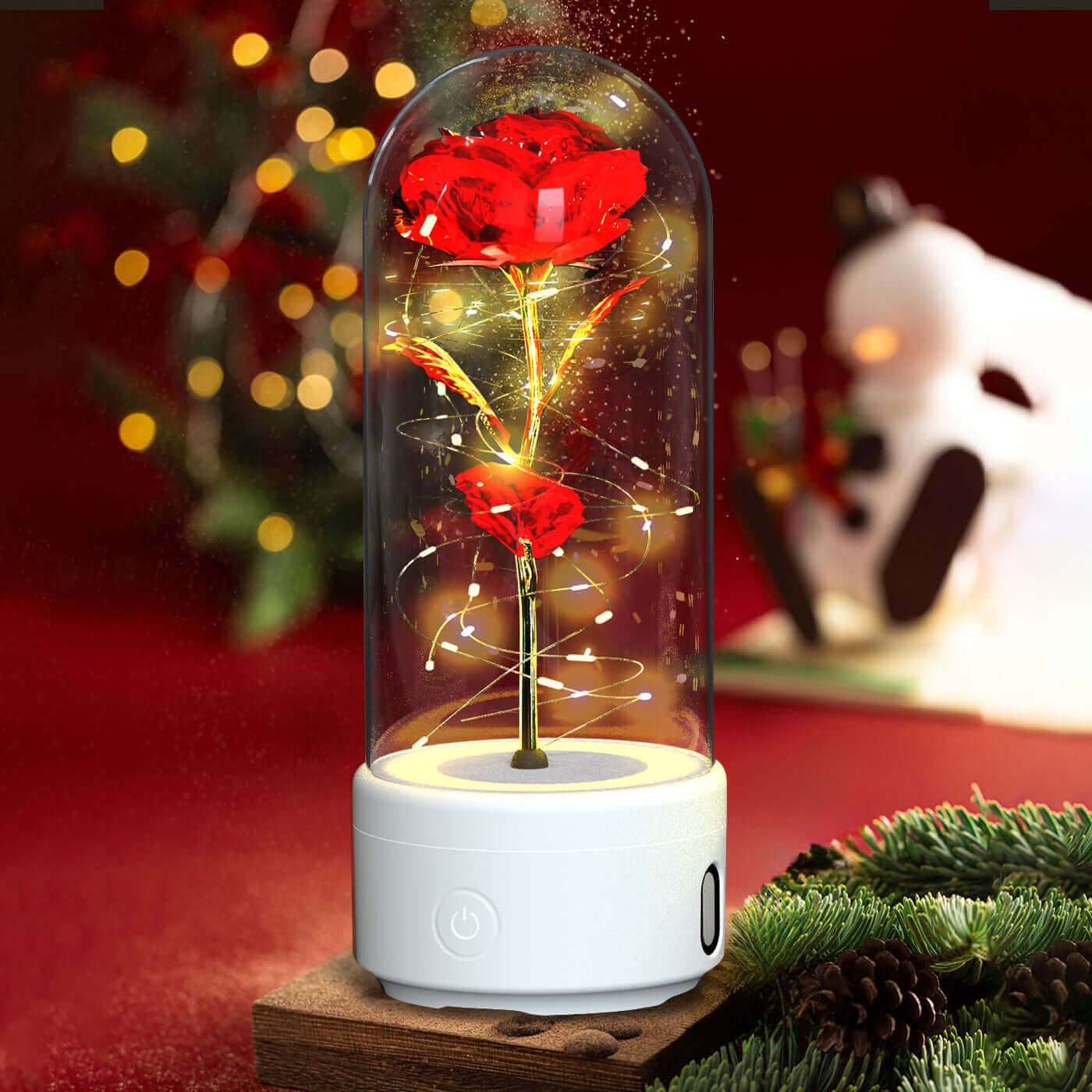 Kreative 2-in-1-Rosenblüten, LED-Licht und Bluetooth-Lautsprecher, Valentinstagsgeschenk, leuchtende Rose, Nachtlicht-Ornament in Glasabdeckung