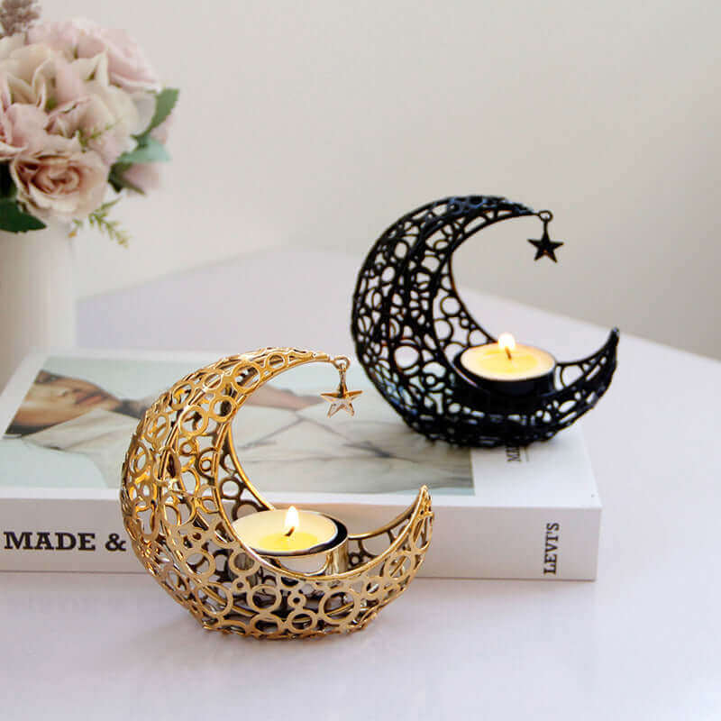 Light Luxury Crescent Moon Star Moon Black Gold Metal Candle Holder Modern Romantic Wedding Christmas Candle Cup Home Decor