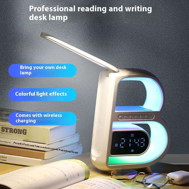 2024 Nouveau haut-parleur Bluetooth en forme de B Multifonctionnel Smart Music Rhythm Lighting Téléphone Chargeur sans fil Carte TF Entrée AUX Mode standard