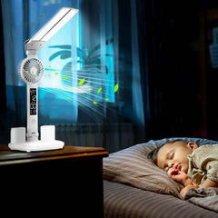 Faltbare LED-Tischleuchte Augenschutz Multifunktions-Schreibtischlampe mit Thermometer Kalenderventilator Stifthalter Studie Leseventilatorlicht