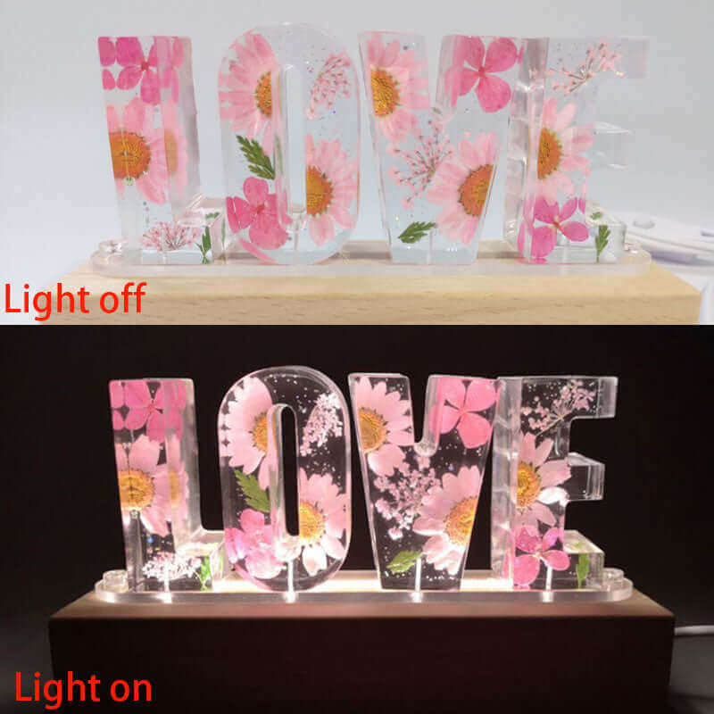 Lampe de table créative à fleurs séchées, veilleuse avec lettres d'amour