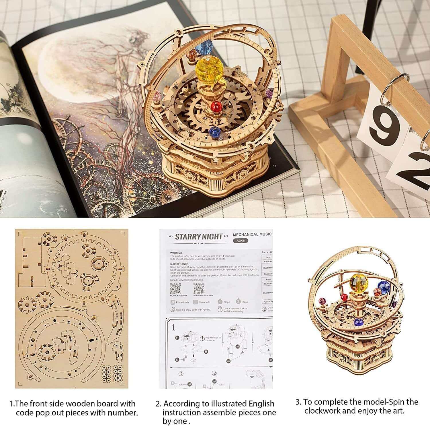 ROKR rotatif nuit étoilée boîte à musique mécanique 3D Puzzle en bois assemblage modèle Kits de construction jouets pour enfants enfants-AMK51