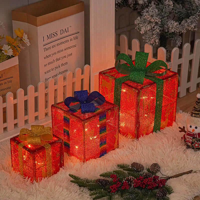 Beleuchtete Weihnachtsdekorationen für den Außenbereich, leuchtende Weihnachtsgeschenkbox mit Schleife für Feiertags-Weihnachtsbaum-Hausgarten-Dekoration