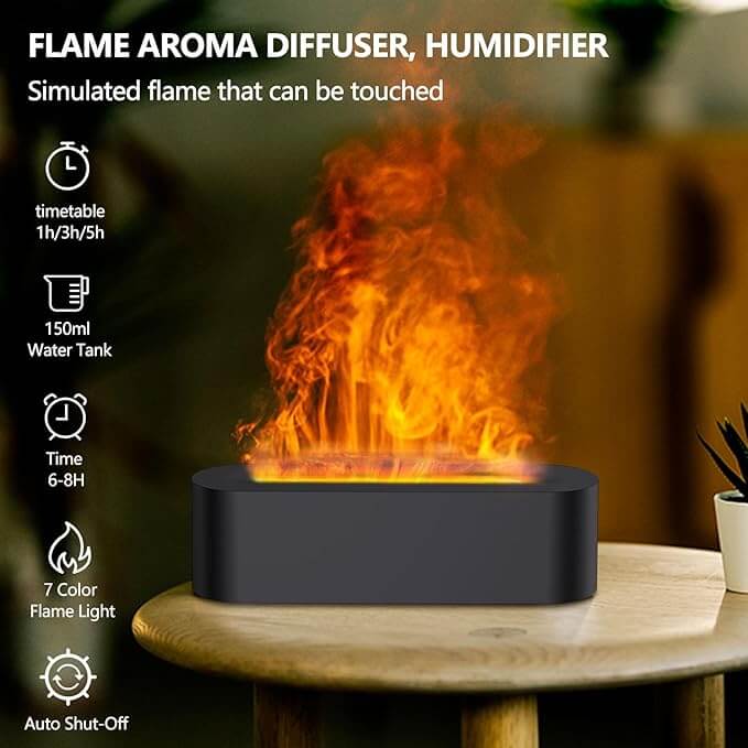 Flammen-Diffusoren für ätherische Öle, Upgrade-Aromatherapie-Diffusor mit 7 Farblichtern, Öldiffusor, Luftbefeuchter, Aromadiffusoren für Zuhause, Schlafzimmer, Büro, Yoga, Timer und wasserlose automatische Abschaltung, 150 ml