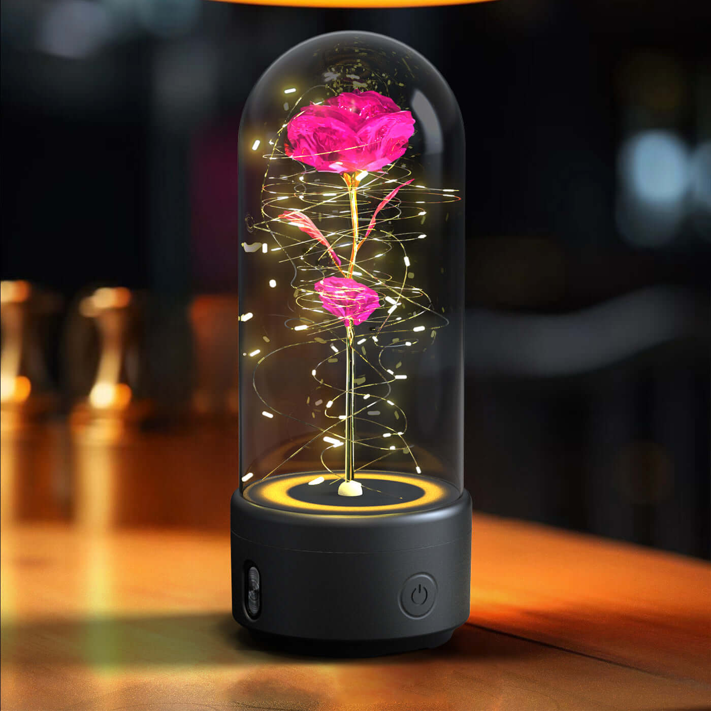 Kreative 2-in-1-Rosenblüten, LED-Licht und Bluetooth-Lautsprecher, Valentinstagsgeschenk, leuchtende Rose, Nachtlicht-Ornament in Glasabdeckung