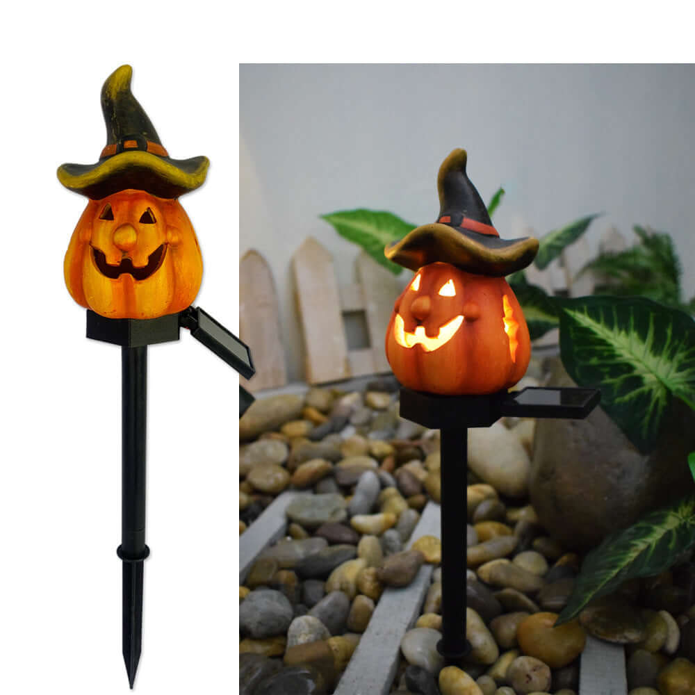 Solarbetriebene Halloween-Kürbislampe für den Außenbereich mit Geisterhand, Krähenschädel und Blumendesign