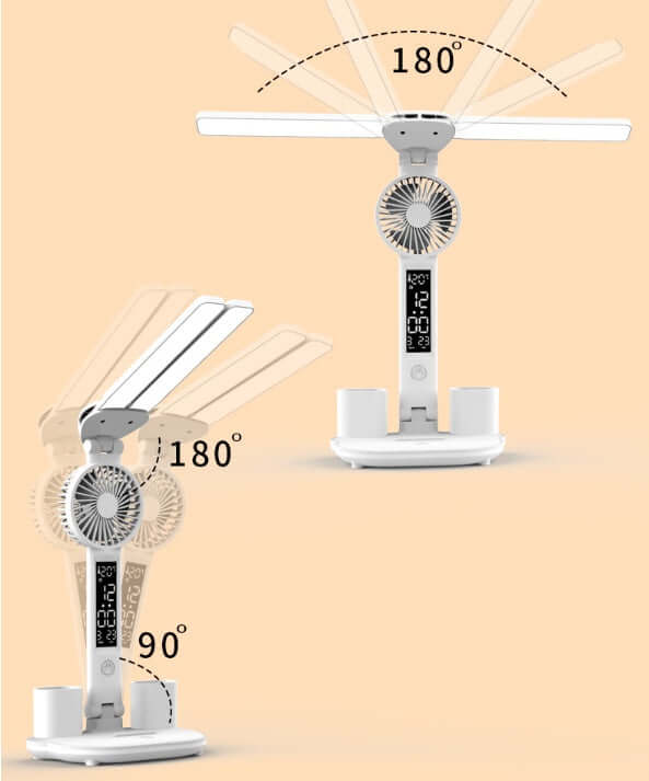 Faltbare LED-Tischleuchte Augenschutz Multifunktions-Schreibtischlampe mit Thermometer Kalenderventilator Stifthalter Studie Leseventilatorlicht