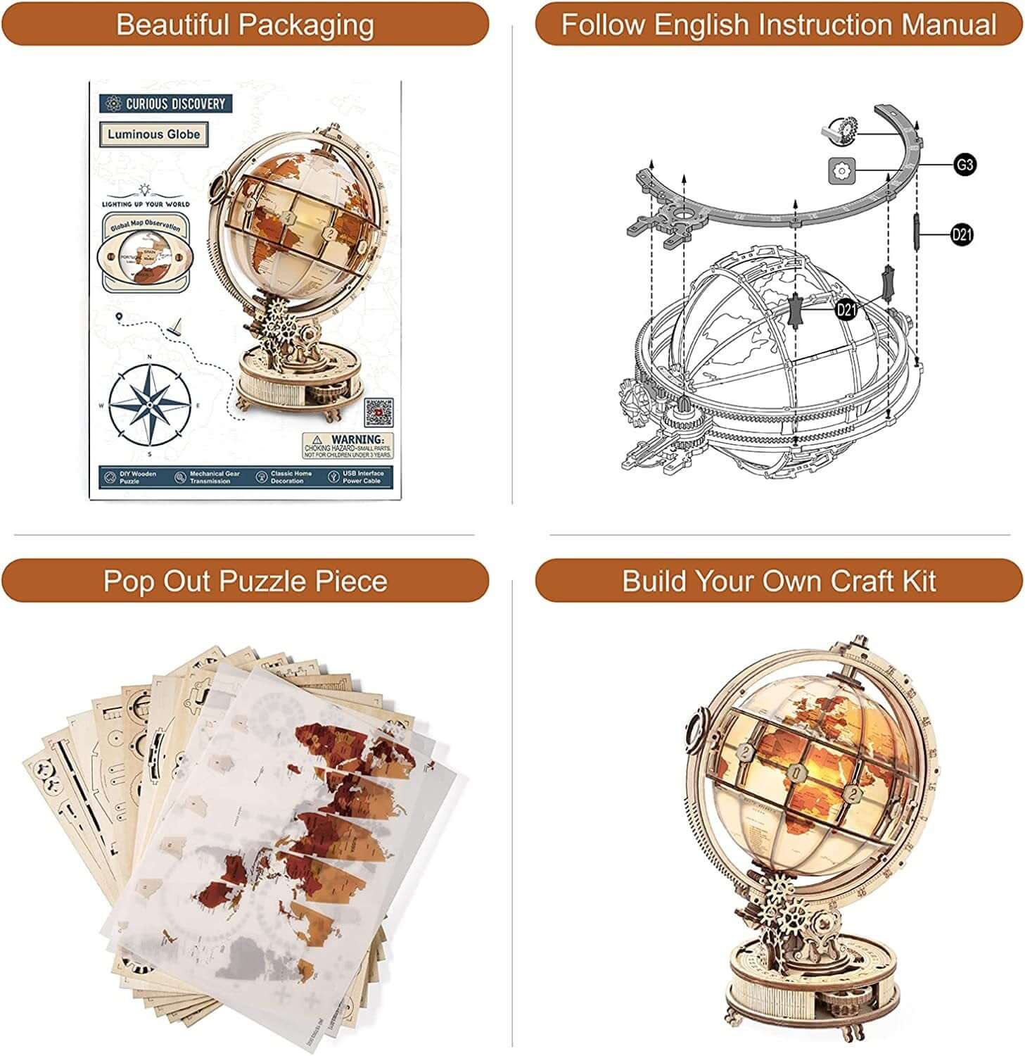 Rokr Leuchtender Globus 3D Holz Heißer Verkauf 180PCS Modell Baustein Kits Spielzeug