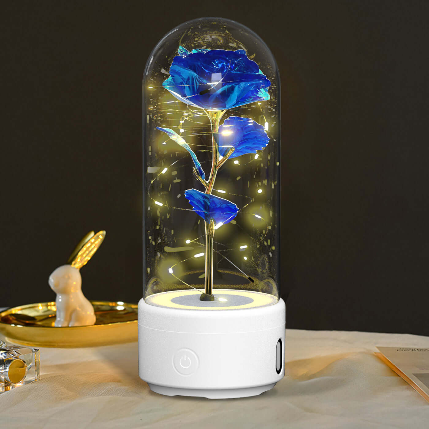 Kreative 2-in-1-Rosenblüten, LED-Licht und Bluetooth-Lautsprecher, Valentinstagsgeschenk, leuchtende Rose, Nachtlicht-Ornament in Glasabdeckung