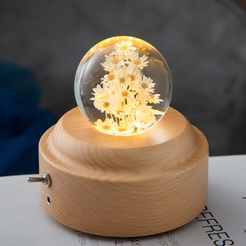 LED veilleuse fleur boule de cristal enfants lampe de nuit avec Base en bois chambre lumière ambiante cadeau créatif veilleuse