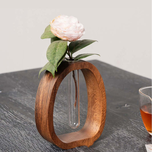 Elegant Walnut Solid Wood Flower Vase in Traditional New Chinese Style