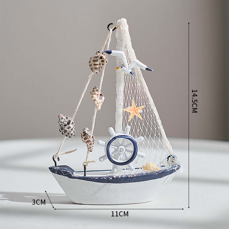 Mediterranean Style Shell Crack Boat Decoration Wooden Sailboat Model Small Ornaments Craft Boat